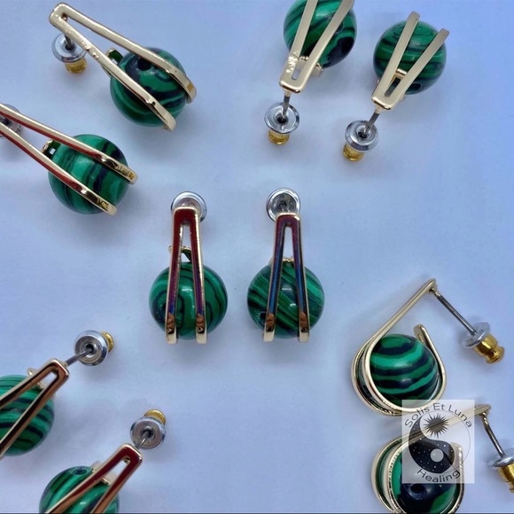 18K Gold Plated Malachite Bead Earrings - Picture 3 of 3